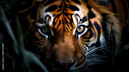 Capturing a close-up of a dangerous big cat with its vivid orange and black stripes in its natural tropical jungle habitat.