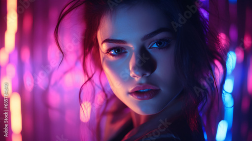 A beautiful young woman is gazing into the camera, illuminated in multicolored neon in a nightclub.