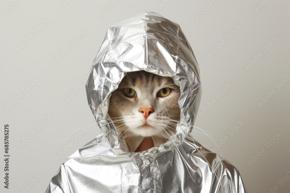 Cat in Foil Hat, Conspiracy Theory Concept, Security Tinfoil Cap on Cats Head - obrazy, fototapety, plakaty 