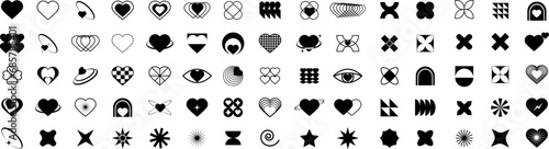 Set of heart and star icons. Abstract hearts shapes. Modern  black heart collection. Valentines day hearts icons. Set of geometric minimalist brutalism elements,bohemian ,swiss style. Love concept.