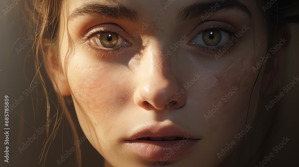 A close-up portrait of a young woman with intense gaze. A close-up portrait of a young woman with intense gaze.