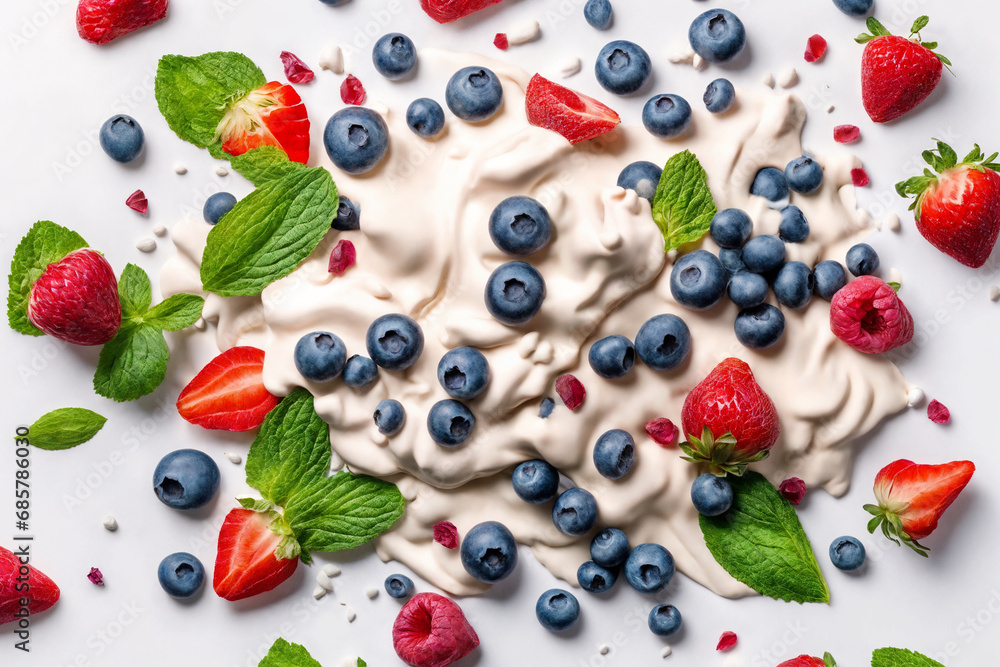 Mix of fresh berries in the yoghurt or cream. Generative Ai. Mix of fresh berries in the yoghurt or cream. Generative Ai.