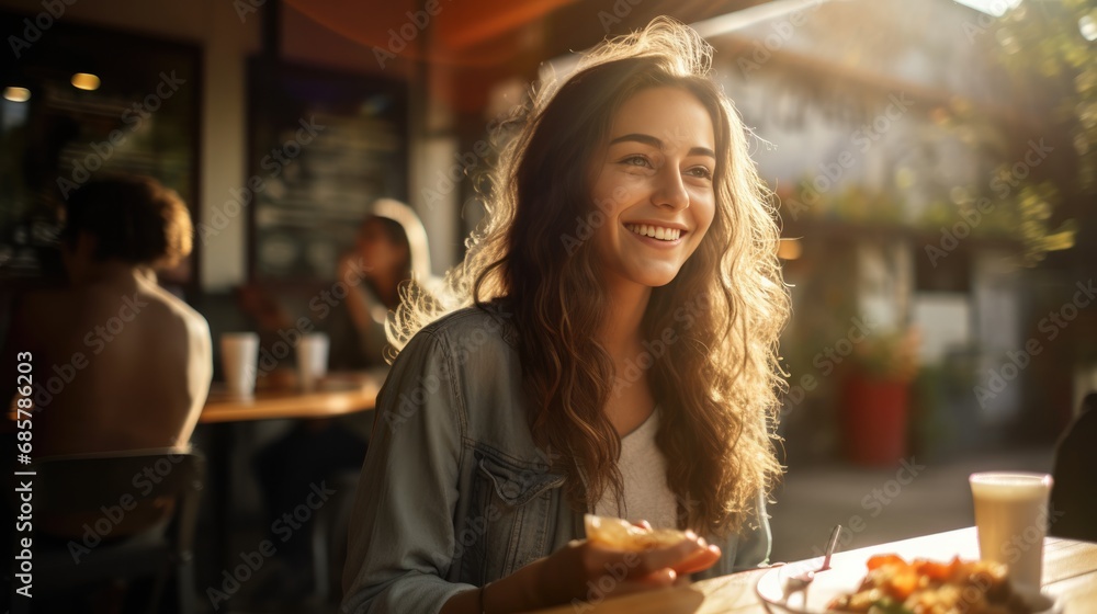 Young woman smiling while sitting outside at a table on a restaurant patio and eating delicious. Street food concept.