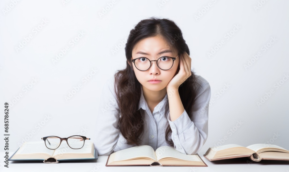 Cute Korean female student is posing studying and thinking with a book in front of her Cute Korean female student is posing studying and thinking with a book in front of her