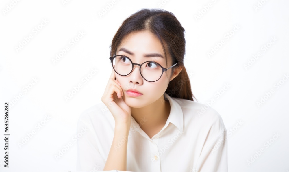 Cute Korean female student is posing studying and thinking with a book in front of her