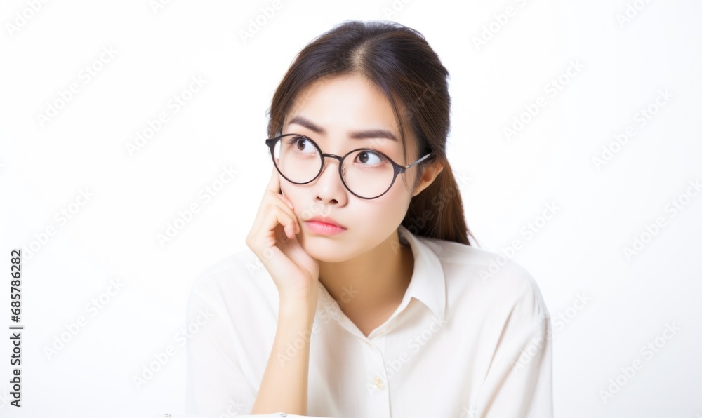 Cute Korean female student is posing studying and thinking with a book in front of her Cute Korean female student is posing studying and thinking with a book in front of her