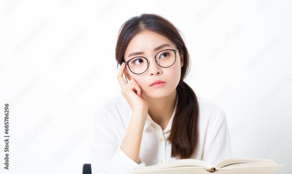Cute Korean female student is posing studying and thinking with a book in front of her Cute Korean female student is posing studying and thinking with a book in front of her