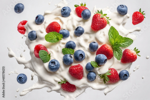 Mix of fresh berries in the yoghurt or cream. Generative Ai.