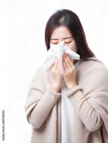 A sick korean woman blows her nose with a tissue, woman has allergies and flu