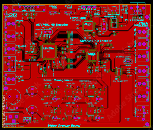 Vector printed circuit board of an electronic 
device with components of radio elements, 
conductors and contact pads placed on it. 
Engineering drawing.