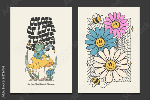 groovy hippie 70s posters, with retro frog and flowers cartoons, vector illustration