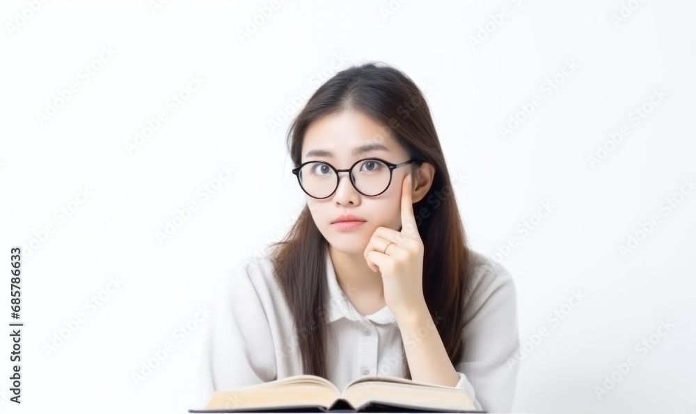 Cute Korean female student is posing studying and thinking with a book in front of her Cute Korean female student is posing studying and thinking with a book in front of her