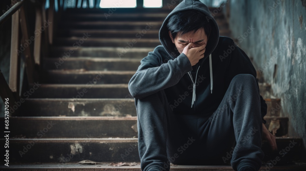 Depressed man sitting on the stairs covering his face with his hands