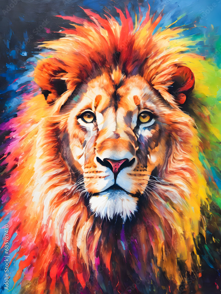 Portrait of a lion. Colorful painting on canvas. Illustration.