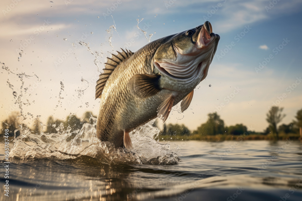 Close up of Fish jumping over the surface water in lake with splashing of water and beautiful sky background, fishing on lake concept. Close up of Fish jumping over the surface water in lake with splashing of water and beautiful sky background, fishing on lake concept.