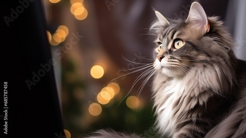 Siberian cat on a background of a decorated Christmas tree.