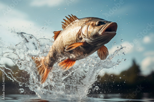 Close up of Fish jumping over the surface water in lake with splashing of water and beautiful sky background  fishing on lake concept.