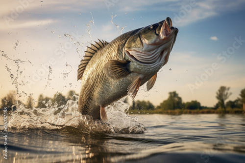 Close up of Fish jumping over the surface water in lake with splashing of water and beautiful sky background  fishing on lake concept.