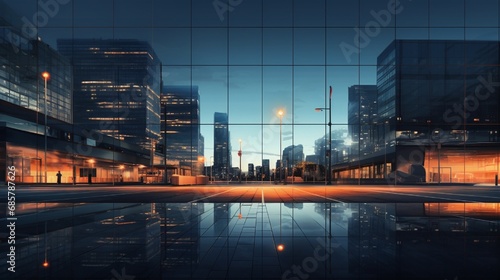 A minimalist urban scene with modern architecture, reflective glass buildings, and the glow of streetlights in the evening.