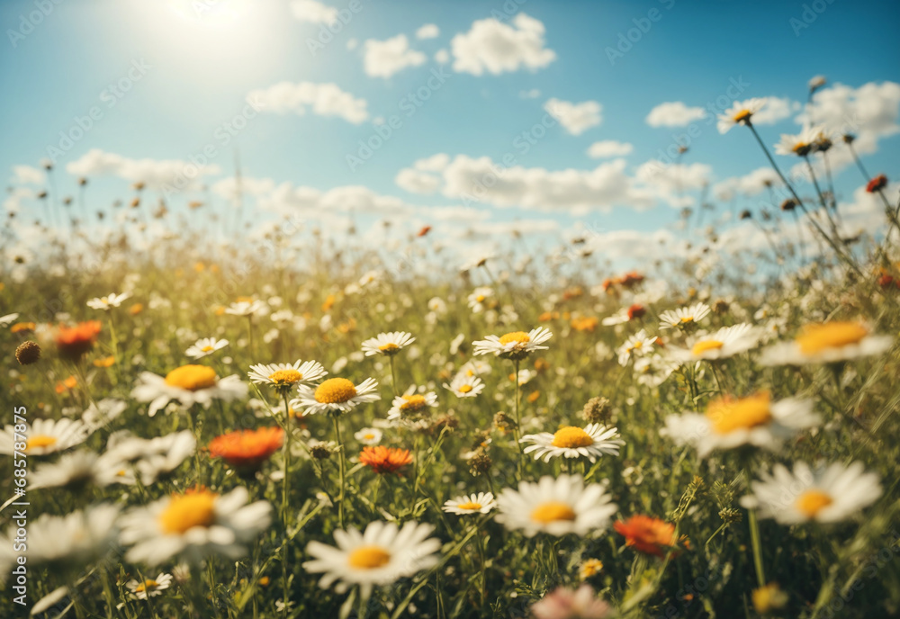 field of daisies with sunny blue sky