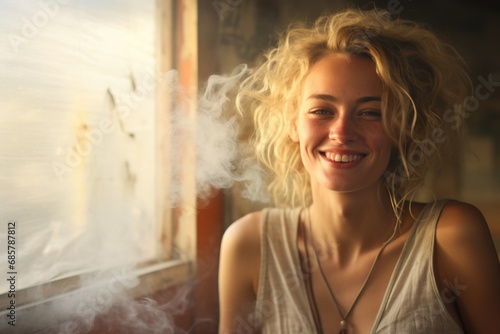 long-haired woman smoking at the window in the afternoon, summer vibes