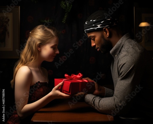 Black couple exchanging Christmas and new year gift with red bow on background of Christmas tree with lights, valentine celebrate