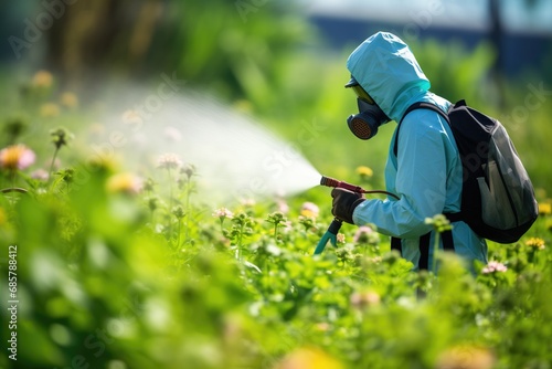A Focused Farmer Sprays Weedicide On Garden Weeds