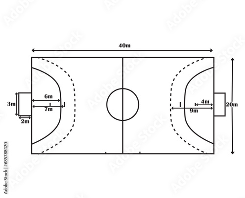 Handball court dimensions. Handball playground size.  Vector illustration. 