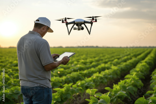 Farmer Operates Agricultural Drone In Soybean Field