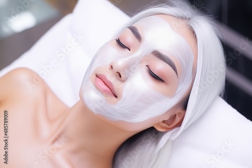 Happiness Very Attractive Asian Woman With Hat, White Hair, In Mask On Face In Spa Beauty Salon,