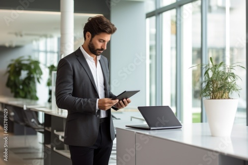 Businessman using laptop and smartphone gadget in office