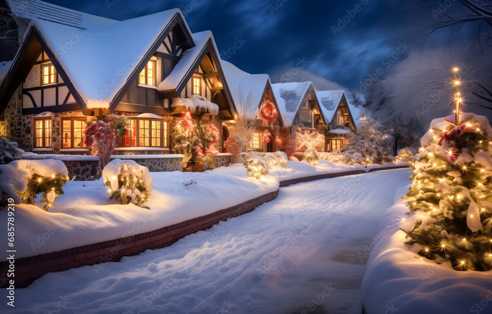 Snowy tudor-style house festively lit for the christmas season