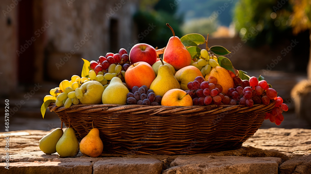 a wicker basket filled to the brim with fruit, pears, apples, grapes of various colours, in a lively and colorful rustic setting, the generosity of nature's sweet and tasty offerings.