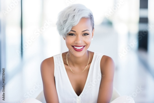 A Beautiful African Woman With A Short Haircut, White Hair, Smiling Serenely In A Lotus Position
