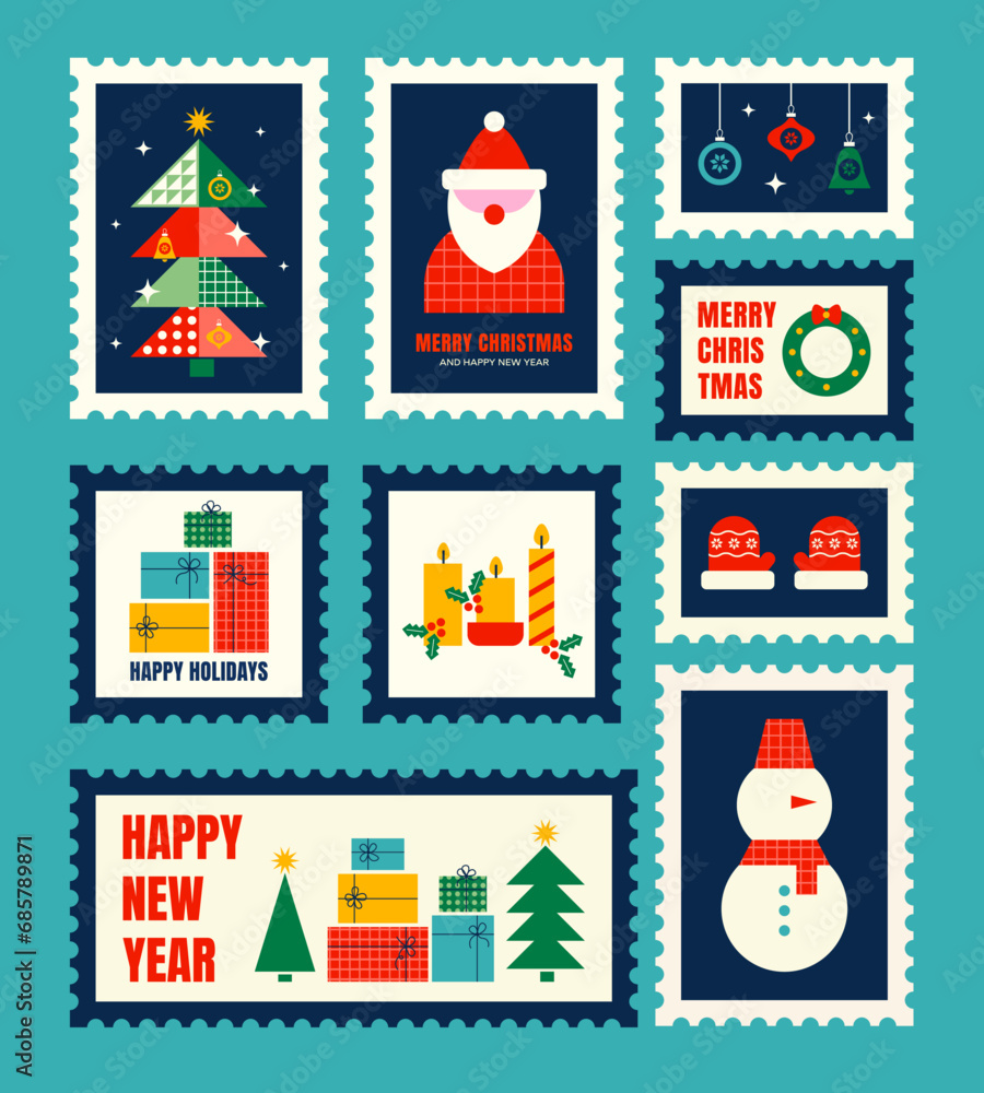 Merry Christmas and Happy New Year cards stamps.  Post stamps with New Year and Christmas illustrations in flat style