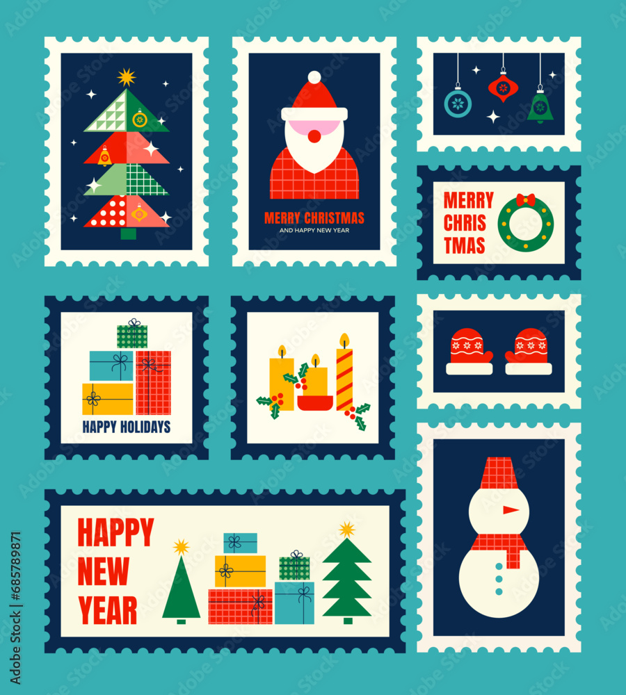 Merry Christmas and Happy New Year cards stamps. Post stamps with New Year and Christmas illustrations in flat style Merry Christmas and Happy New Year cards stamps. Post stamps with New Year and Christmas illustrations in flat style