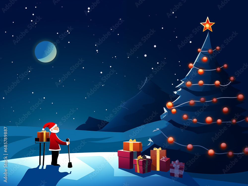 Santa Claus with presents, joyful children. New Year's atmosphere, Christmas tree, snow. Postcard style.