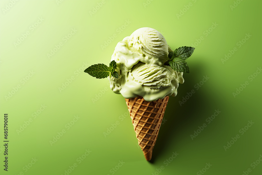 Lemon ice cream with mint leaves on color background - obrazy, fototapety, plakaty 