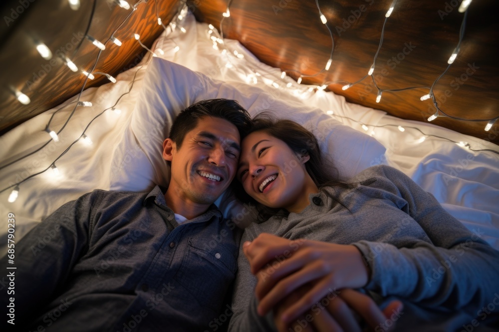 Beautiful happy young couple lying on bed and hugging, have a deep conversation with your partner in bed