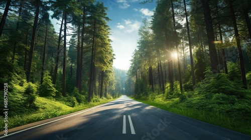 Straight road with green nature background shot photo