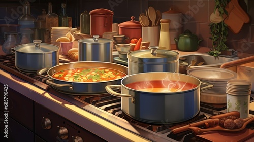 A busy kitchen with pots and pans simmering on the stove, capturing the aromas and activity of daily culinary creations.