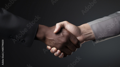 Close up of two business people shaking hands on black background. Partnership concept. Handshake. Successful negotiating business concept. 