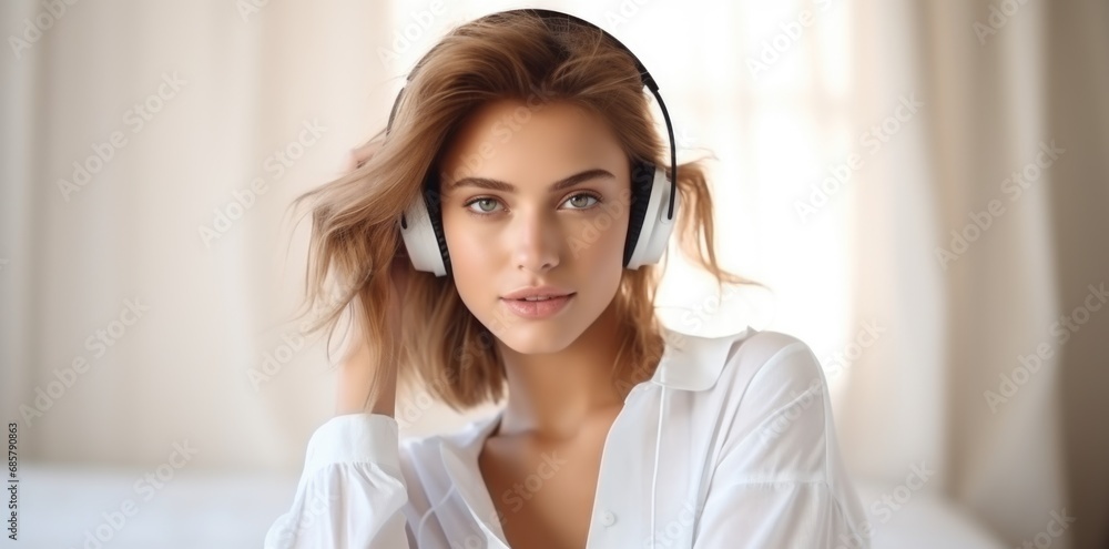 happy young woman wearing headphones enjoying music for meditation and relaxation happy young woman wearing headphones enjoying music for meditation and relaxation