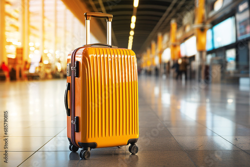 Traveling luggage in airport terminal with passenger plane flying station photo