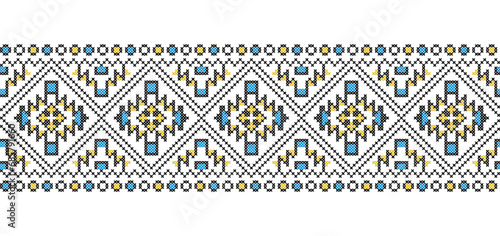 Ukrainian ornament for textile, fabric, cloth. Vector seamless pattern, print. Ukrainian folk, ethnic ornament in yellow and blue colors. Pixel art, vyshyvanka, cross stitch