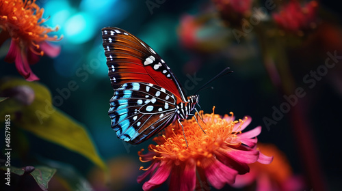 Spring illustration of a bright butterfly sitting on a flower. A butterfly drinks sweet nectar from a flower. © Olga