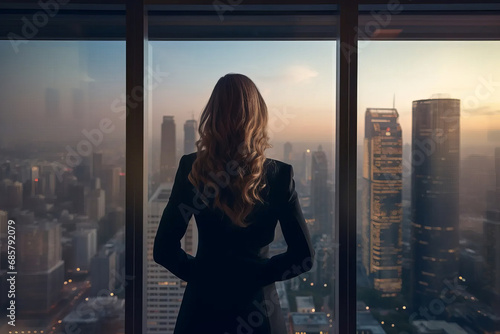 A successful businesswoman looks out the window at the cityscape from an office in a skyscraper, back view. AI generative photo