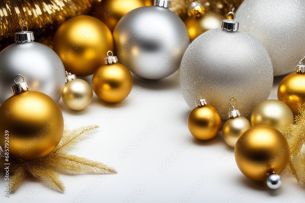 Golden and silver Christmas balls near pine branches, reflecting on a shiny white surface.
Golden and silver Christmas balls near pine branches, reflecting on a shiny white surface.
