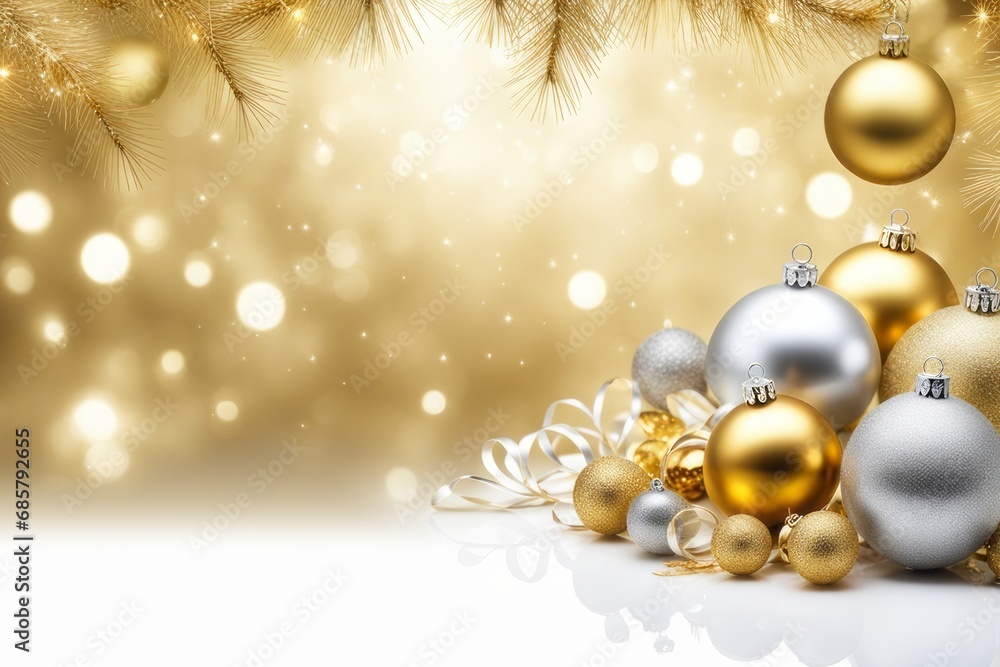 Golden and silver Christmas balls near pine branches, reflecting on a shiny white surface.
Golden and silver Christmas balls near pine branches, reflecting on a shiny white surface.
