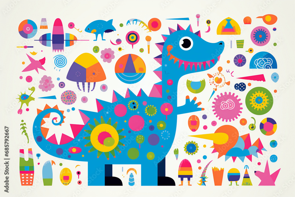 Fototapeta premium Whimsical illustration of a blue cartoon dinosaur with colorful abstract patterns on a white background